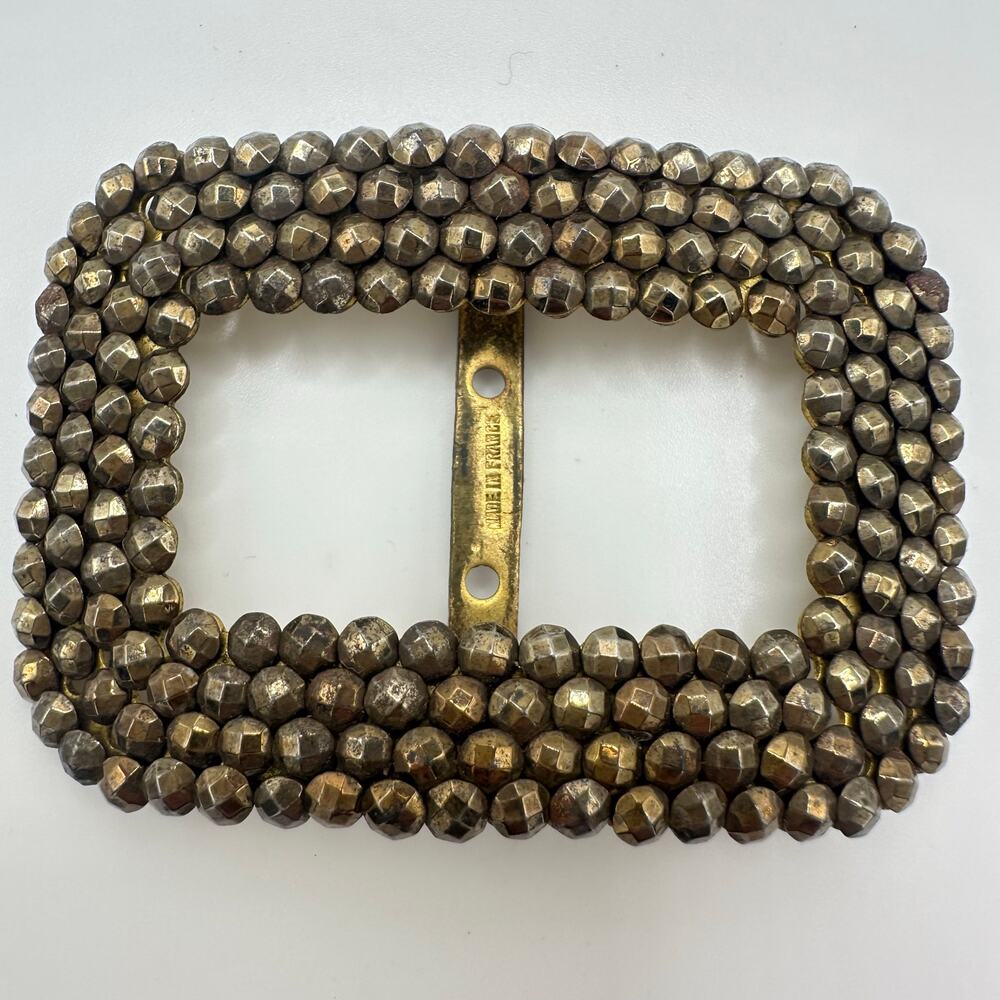 Made in France antique gold silver tone faceted cut steel slider belt buckle